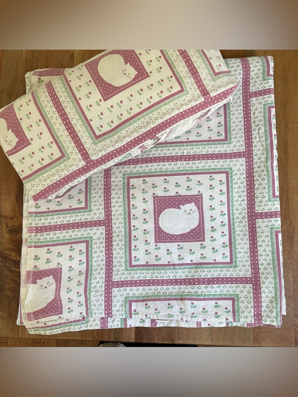 Vintage 80s Queen Cotton Flannel Cat Sheets Fitted + Flat Kitan Pink Cream Soft